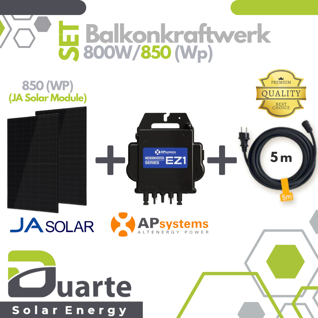 Balkonkraftwerk Mini Solaranlage SET 830-870Wp/800W APsystems EZ1-M mit WIFI & Bluetooth-Mikrowechselrichter / JA SOLAR Module