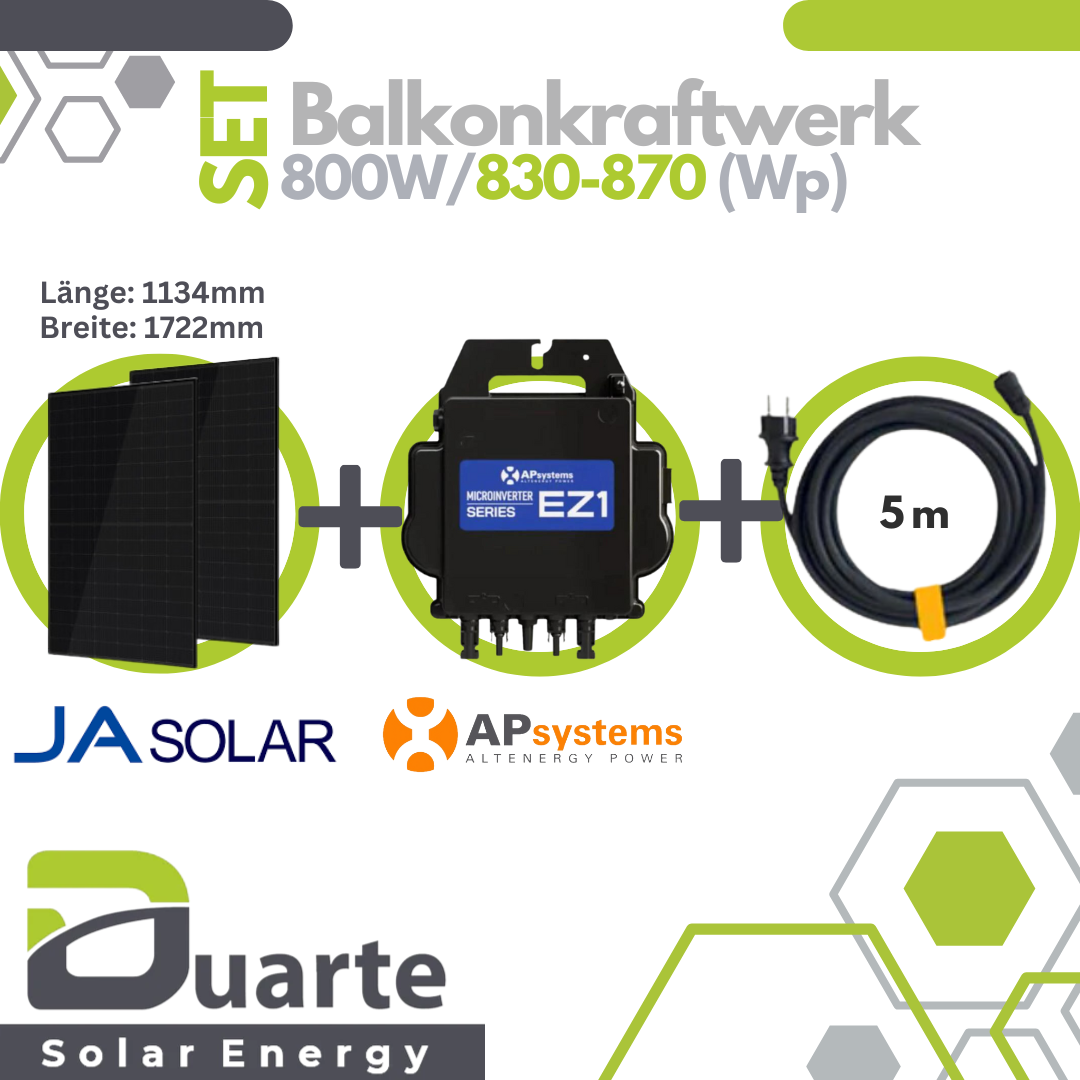 Balkonkraftwerk Mini Solaranlage SET 830-870Wp/800W APsystems EZ1-M mit WIFI & Bluetooth-Mikrowechselrichter / JA SOLAR Module