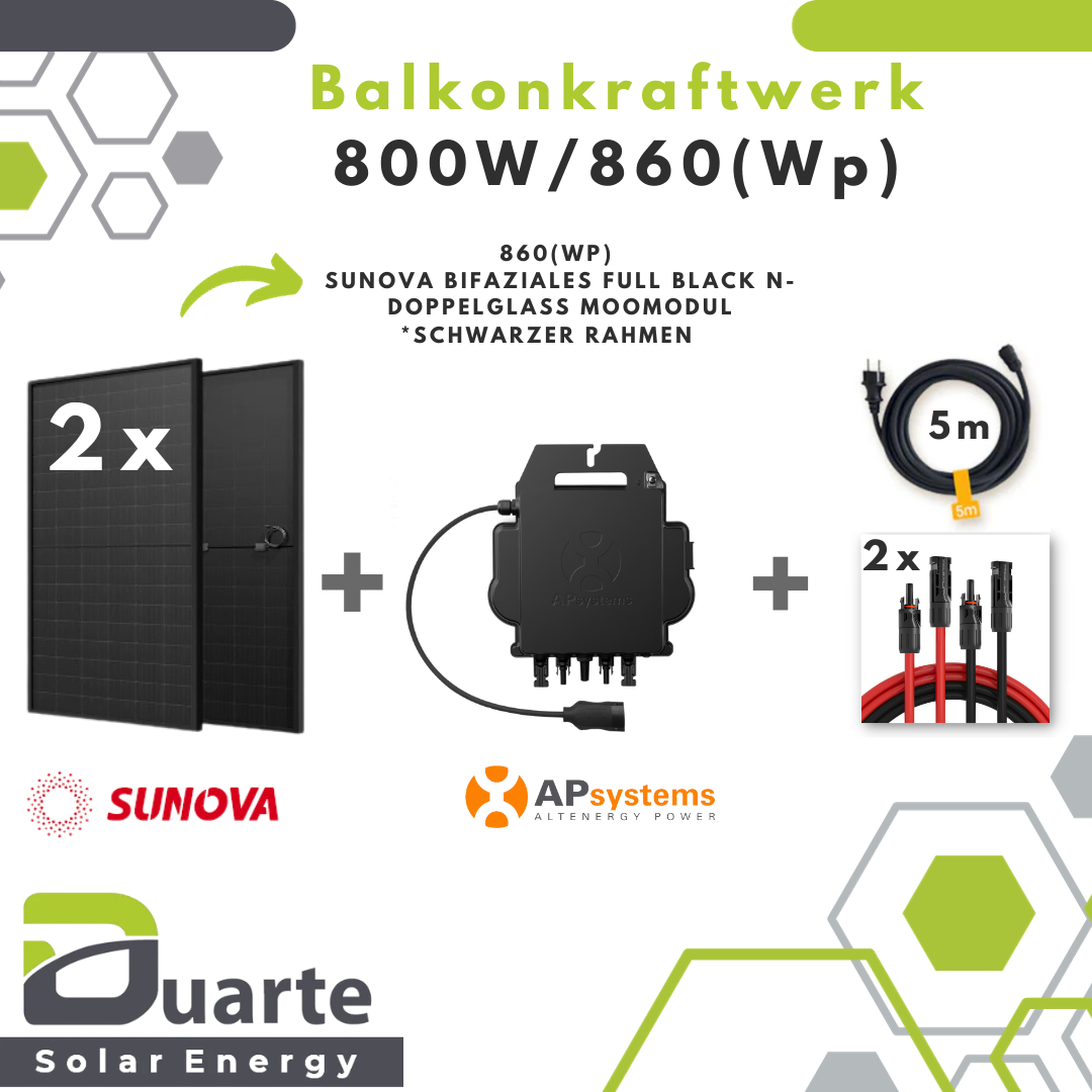 800W/860(Wp) Balkonkraftwerk Mini Solaranlage/ SUNOVA BIFACIAL FULL BLACK MODUL / APsystems EZ1-M Mikrowechselrichter