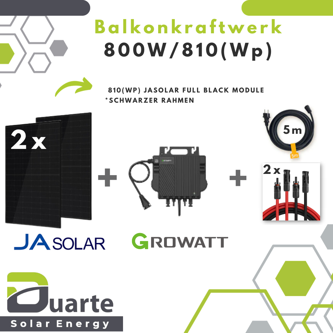 800W/810(Wp) Balkonkraftwerk Mini Solaranlage/ JA SOLAR FULL BLACK MODUL / Growatt NEO 800M-X 800 Mikrowechselrichter