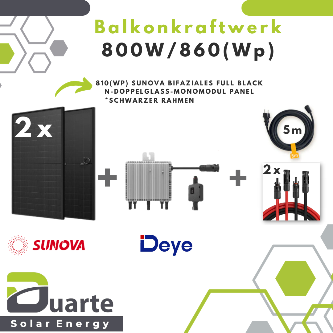 800W/860(Wp) Balkonkraftwerk Mini Solaranlage/ SUNOVA BIFACIAL FULL BLACK MODUL / Deye 800 Mikrowechselrichter