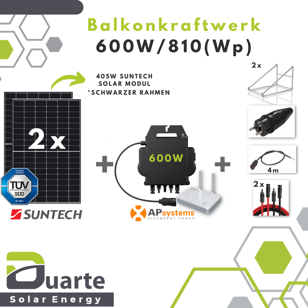 600W/810(Wp) Balkonkraftwerk Mini Solaranlage / Suntech Modul / APsystems 600 Mikrowechselrichter / mit Halterung für den Garten