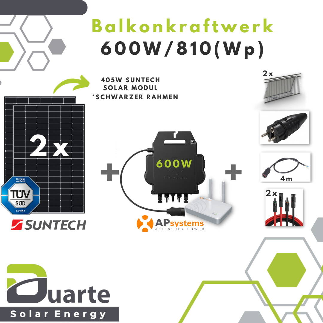 600W/810(Wp) Balkonkraftwerk Mini Solaranlage / Suntech Solar Modul / APsystems 600 Mikrowechselrichter / mit Balkonhalterung